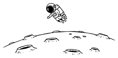 Astronaut flying with jetpack over cratered moon surface in outer space doodle style © Logan