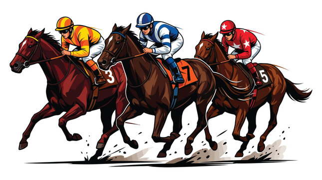 Three professional horse racing jockeys competing in a fast sprint during a high stakes equestrian event