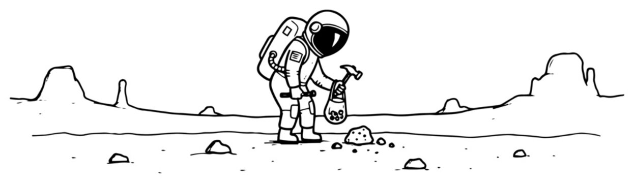 Astronaut gathering planetary specimens using hammer and bag on moon surface doodle style