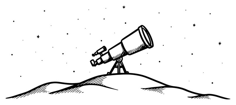 Telescope on hill under starry night sky for astronomical observation doodle style