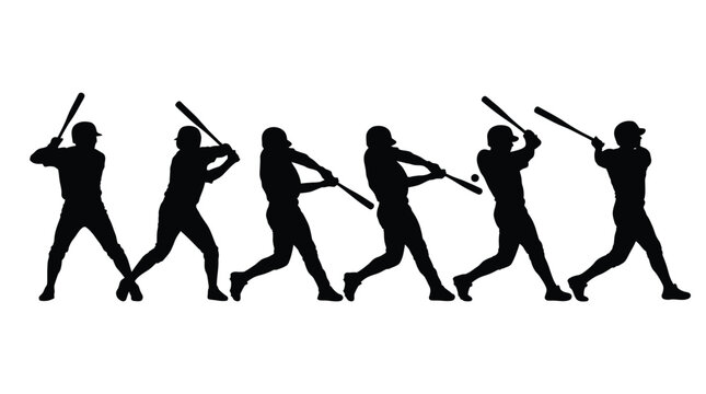 Multiple black silhouettes of a baseball player swinging a bat in a sequence of athletic motions
