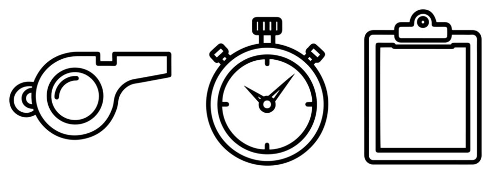 Sports coaching equipment icons featuring whistle stopwatch and clipboard in bold line art style