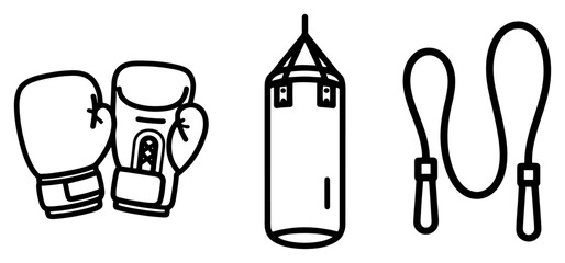 Boxing gloves punching bag and jump rope icons in minimalist line style © Logan