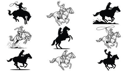Naklejka premium Collection of detailed black and white illustrations showing various cowboys riding horses in different poses