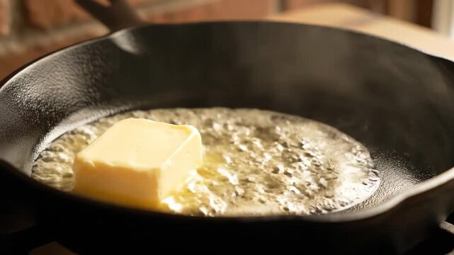 Melting Butter in a Cast Iron Skillet - Cooking Preparation.