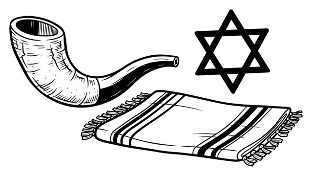 Jewish religious symbols including shofar star of david and tallit prayer shawl in sketch style