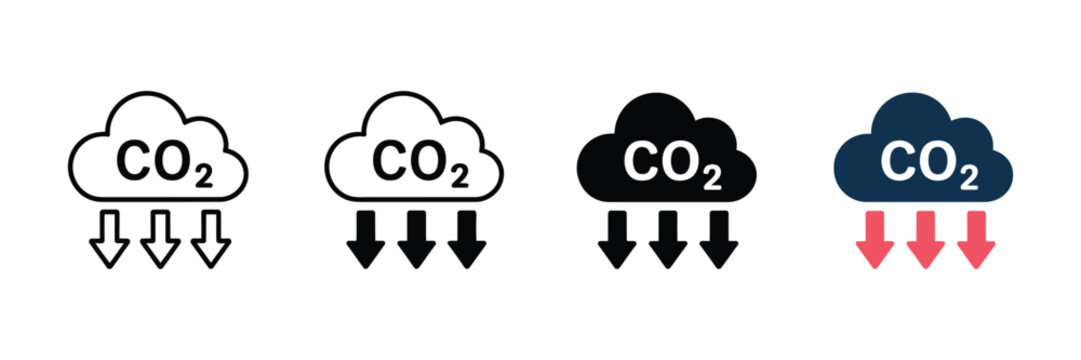 Set of carbon dioxide emission reduction icons featuring cloud symbols with downward arrows illustrating climate change mitigation concepts