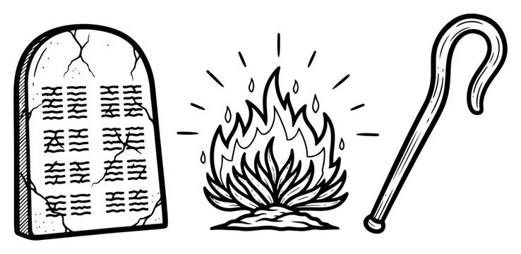 Ten commandments tablets with burning bush and shepherd crook in hand drawn vector style
