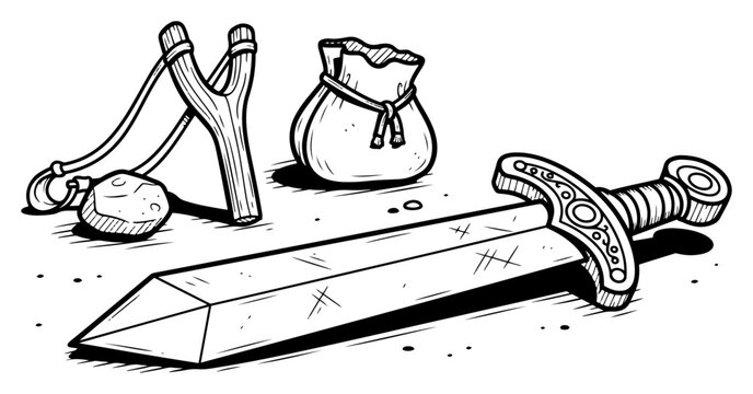 Slingshot with pouch and short sword representing ancient biblical warrior tools in sketch style