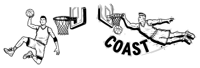 Basketball players performing jump shots and dunks with text in vintage hand drawn engraving style © Logan