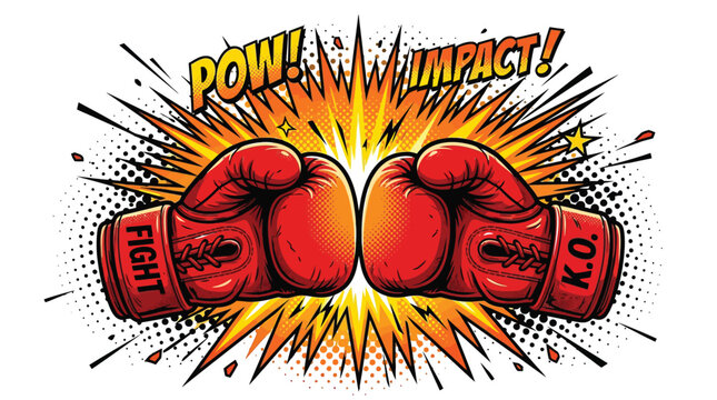 Two red boxing gloves colliding in a powerful comic book style explosion for this creative image