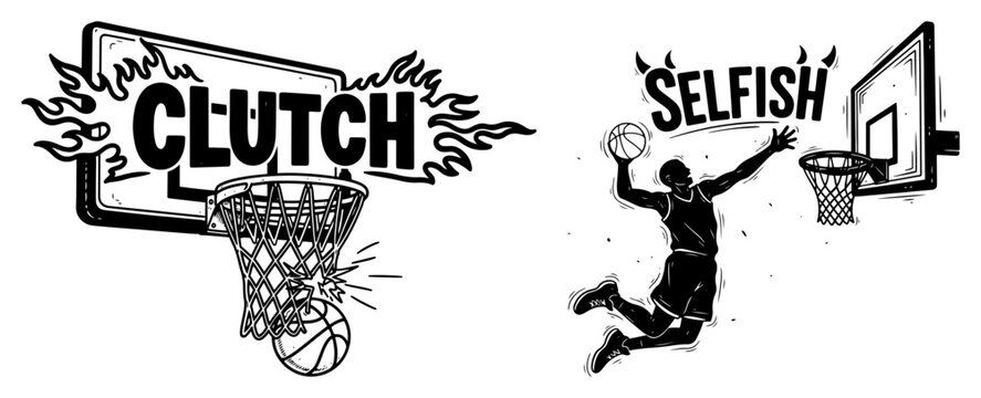 Basketball hoop with flaming clutch text and player shooting in vintage hand drawn engraving style