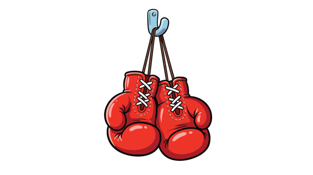 Two bright red leather boxing gloves hanging from a wall hook in this colorful digital illustration