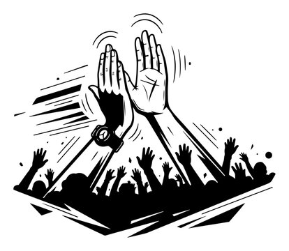 Hands clapping in celebration above a crowd in bold graphic style