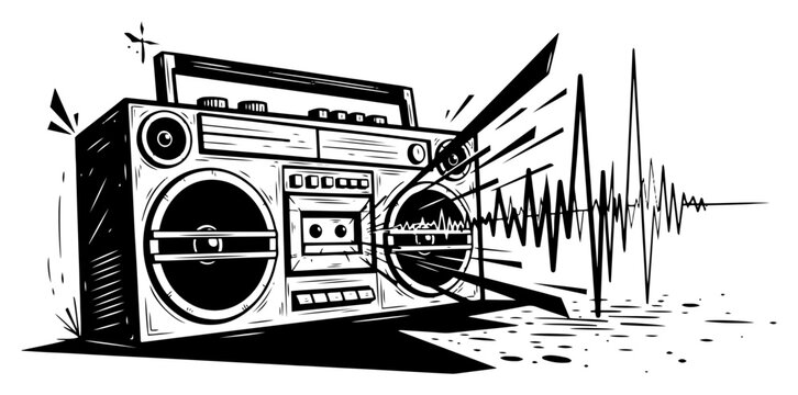 Retro boombox cassette player with sound waves in bold graphic style