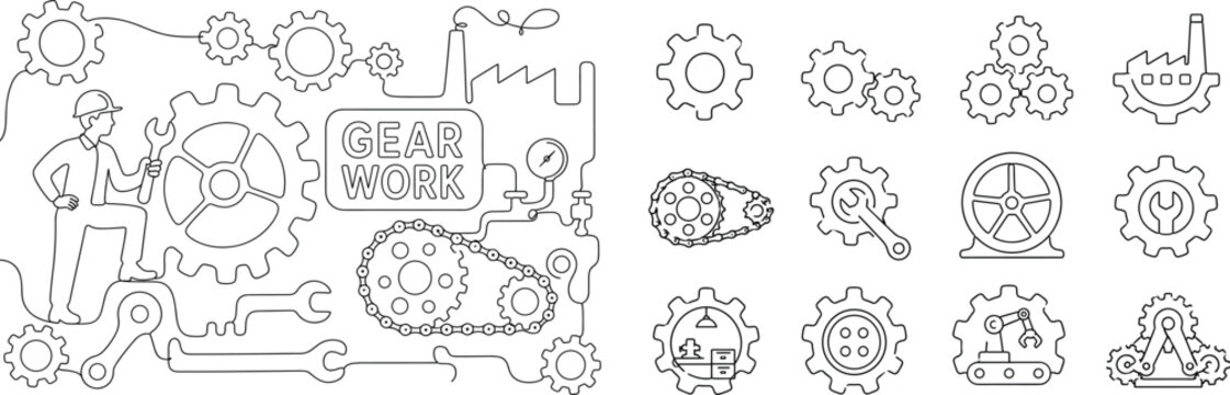 Industrial Gear Mechanisms. Clean one-line drawing banner composition with a technician beside an oversized cogwheel and a large factory gear system, a wrench, engine sprocket, repair tool, and small
