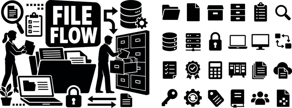 Document Management System. Clean solid filled banner composition of digital document management with two office workers sorting files around an oversized folder and large archive cabinet reaching