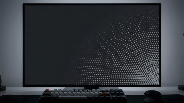 A large computer monitor displaying a futuristic screen saver on a desk with a keyboard and mouse in a dark room