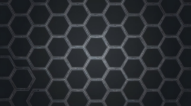 A dark background with a pattern of hexagons and metallic lines