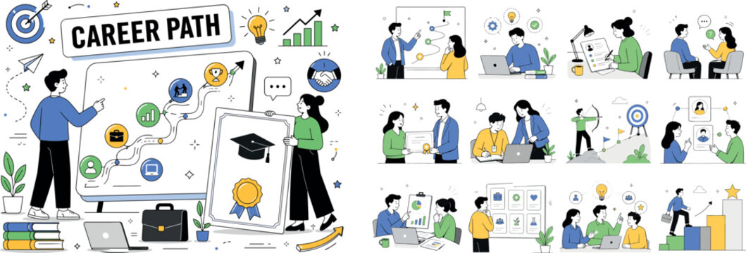 Career Education. Editorial banner about career education, training, learning, skills, mentorship, employment, internship, degree, job goals, professional development, networking, coaching,