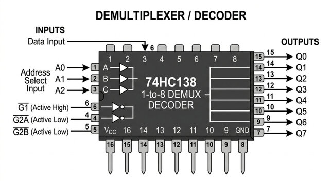 Integrated circuit 74HC138 demultiplexer decoder with inputs and outputs labeled.
