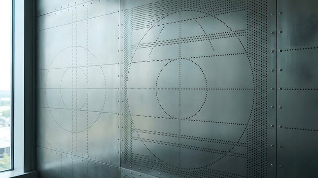 A close-up view of a metal wall with a grid pattern and circular designs near a window