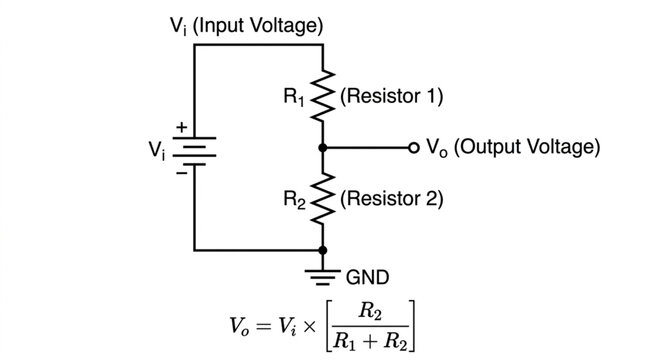 Electrical circuit diagram of a voltage divider with two resistors.