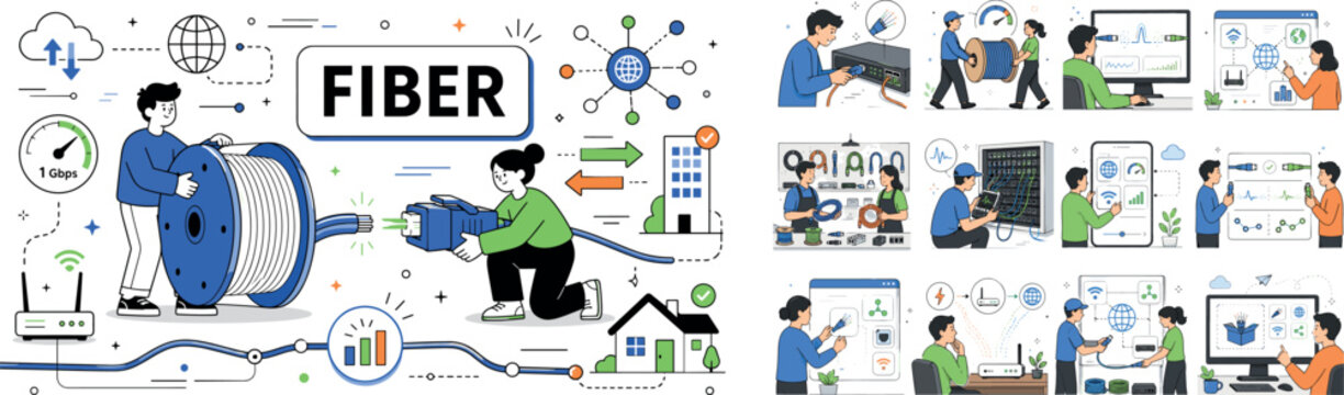 Optical Fiber Network Icons. A clean editorial banner about broadband and cable connection symbols, with 2 geometric characters linking an oversized fiber cable bobbin and a large network cord icon