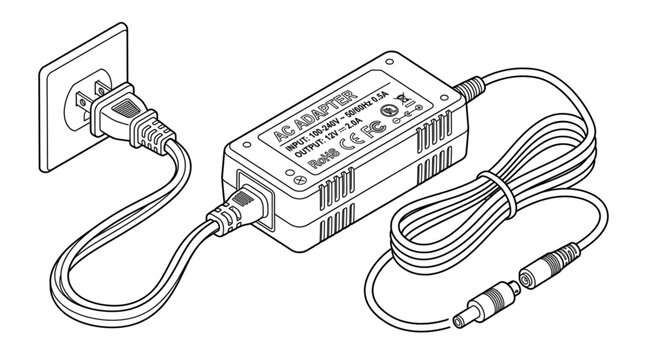 Electrical power adapter plugged into wall outlet for charging devices.