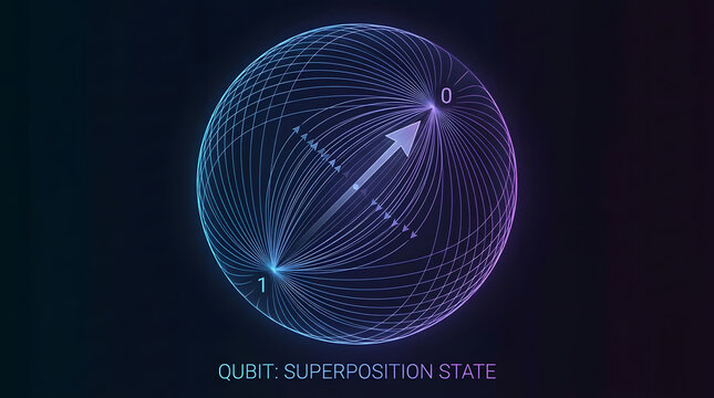 A futuristic illustration of a qubit in a superposition state with glowing lines and numbers on a dark background