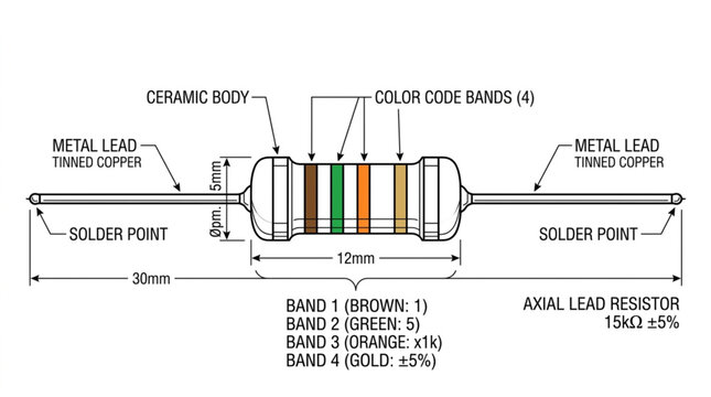 Electronic resistor with color bands and technical diagram.