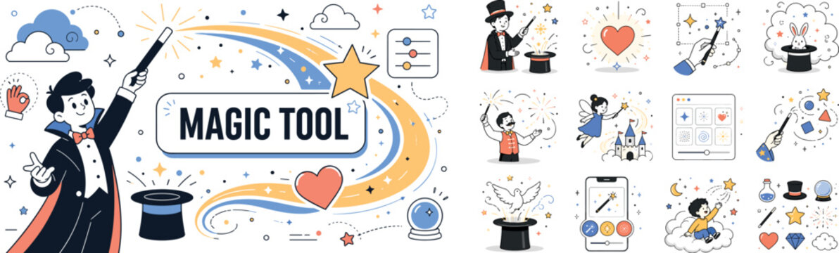 Magic Wand Trick Icons. Clean editorial banner scene about magic effects and fantasy tool symbols, one magician waves an oversized wand while a giant star and heart spark trail stretch across the