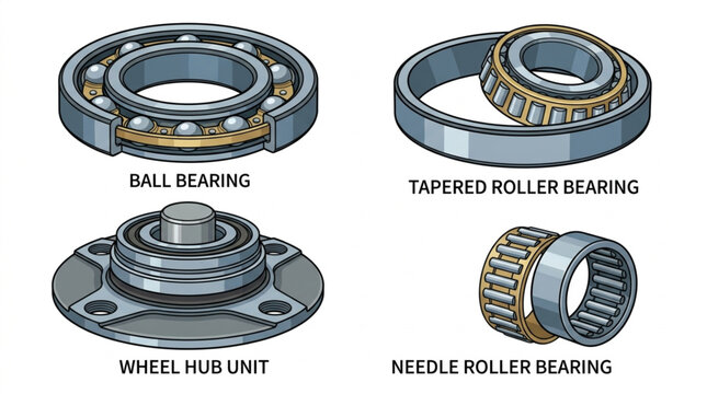 Four types of mechanical bearings used in engineering and industry.
