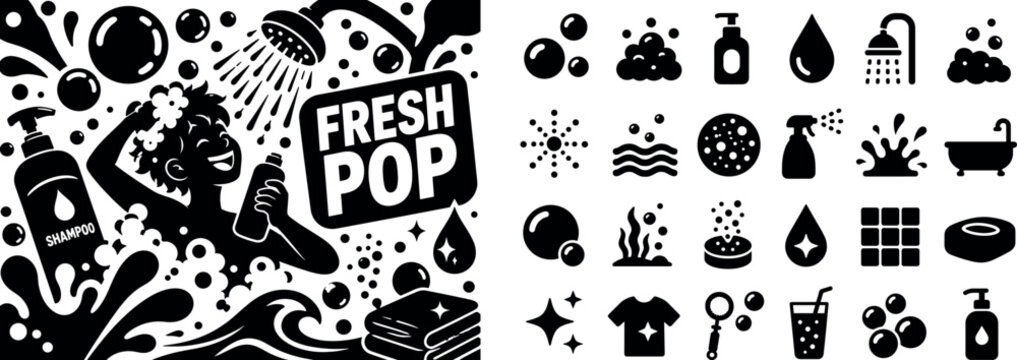 Soap Bubble Freshness Series. Clean solid/filled banner composition of bubbles and fizzy water scene with one playful figure surrounded by oversized soap bubbles and foam circles, large liquid splash