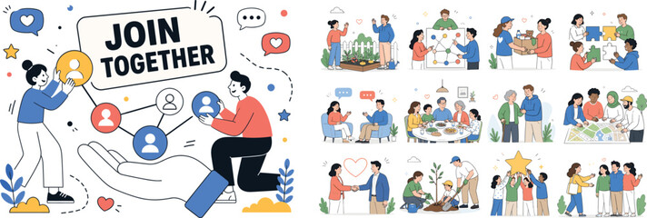 Fototapeta premium Community Connection. Community, people, friendship, social inclusion, teamwork and support. Clean editorial banner with one friendly neighborhood scene: 2 geometric characters connecting oversized