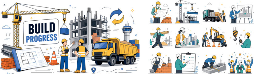 Naklejka premium Construction Site Progress. Construction site and building project banner with one main scene of two workers coordinating heavy machinery beside a developing structure, oversized crane and dump truck
