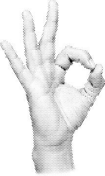 Halftone vector dotted ok hand gesture in retro grunge transparent style
