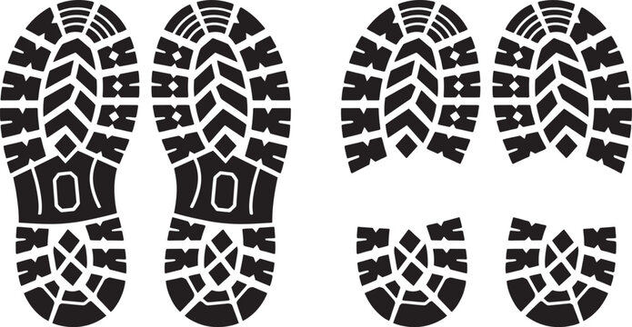 Black boot tread prints silhouettes set vector