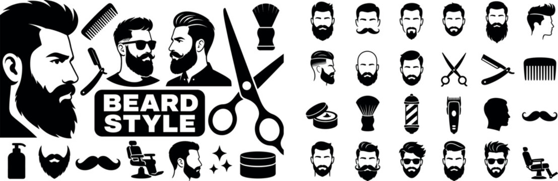 Bearded Men Faces. Clean solid/filled composition of stylish bearded male faces and barbershop fashion: oversized bearded face silhouette stretching from left edge and large barber scissors reaching