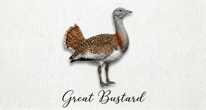 A realistic 3D illustration of a Great Bustard, isolated against a textured white background.