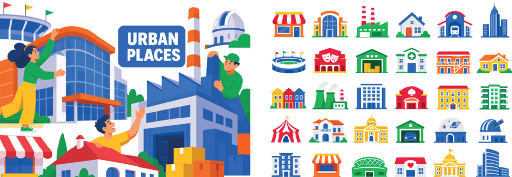 Commercial Building District banner, lively flat vector banner scene about commercial and residential architecture with 3 expressive stylized human characters interacting with one oversized shopping