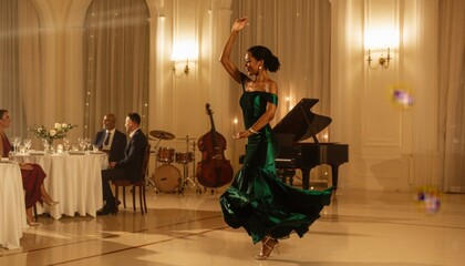 Fototapeta premium Elegant Female Flamenco Dancer in Green Dress Performing at Formal Event