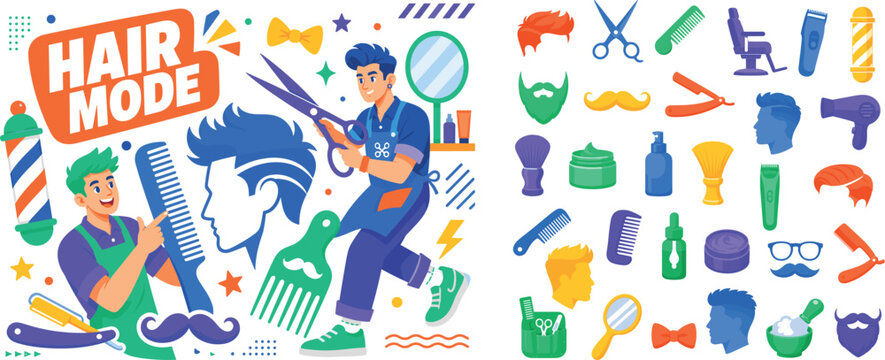 Modern Barber Styles Playful banner scene with two expressive stylized human characters around oversized male hairstyle silhouette, beard comb and barber scissors, with small moustache, salon mirror,