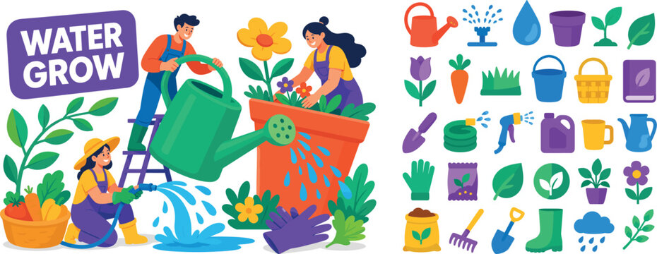 Garden Watering Can banner with 3 expressive stylized human characters watering oversized green watering can and giant flower pot, sprinkler head, leaf branch, vegetable basket, water splash, garden