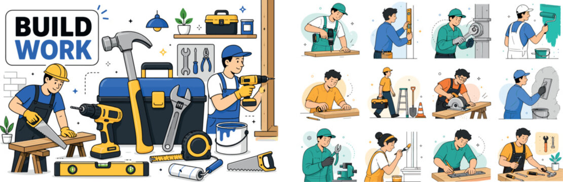 Construction Tool Workshop. Clean editorial banner with one main renovation workshop scene: a builder and repair worker using equipment around an oversized hammer and a large toolbox, drill, level,