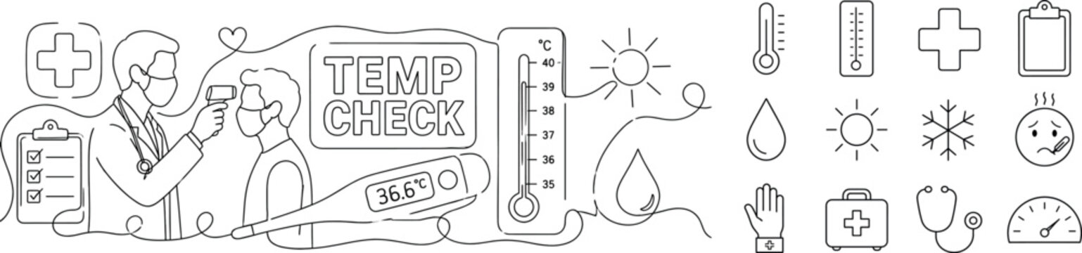 Temperature Check Banner. Clean one-line drawing banner composition showing oversized thermometer and large temperature scale with 1 doctor checking a patient, scattered medical cross, clipboard,