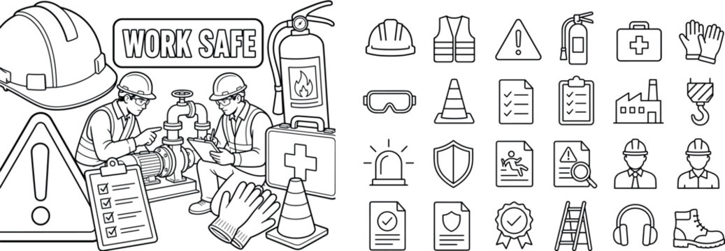 Job Safety Workplace. Clean outline line art banner composition showing a workplace protection scene with two construction workers inspecting equipment, oversized hard hat reaching the top edge and