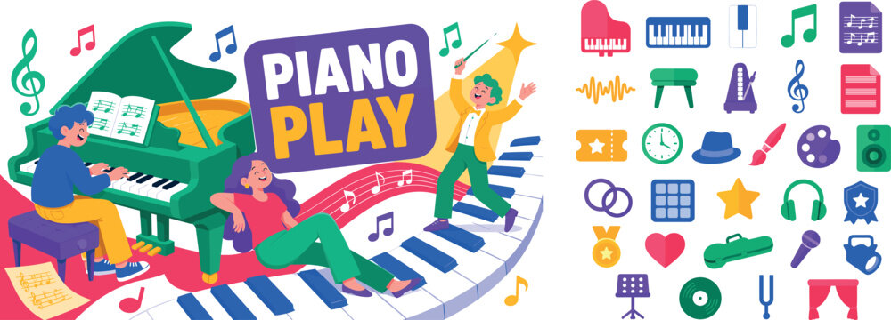 Grand Piano Performance banner with 3 expressive stylized human characters playing around oversized grand piano and keyboard, music notes, sheet music, concert stool, melody wave, spotlight star near