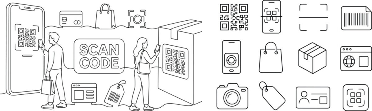 QR Code Scanning. Banner composition with 2 shoppers scanning digital codes across the full wide canvas, one oversized smartphone scanner and one oversized QR label box reaching opposite edges, with