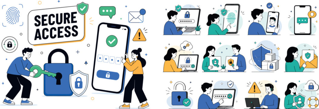 Security Authentication. Editorial banner about digital security, passwords, biometrics, multi-factor authentication, recovery, password reset, email verification, text message code, face ID, privacy,